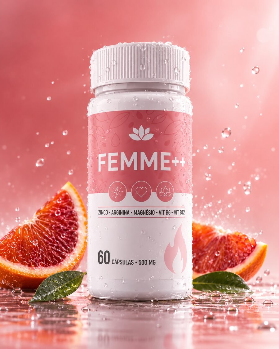 Frasco de FEMME++ com laranjas moro